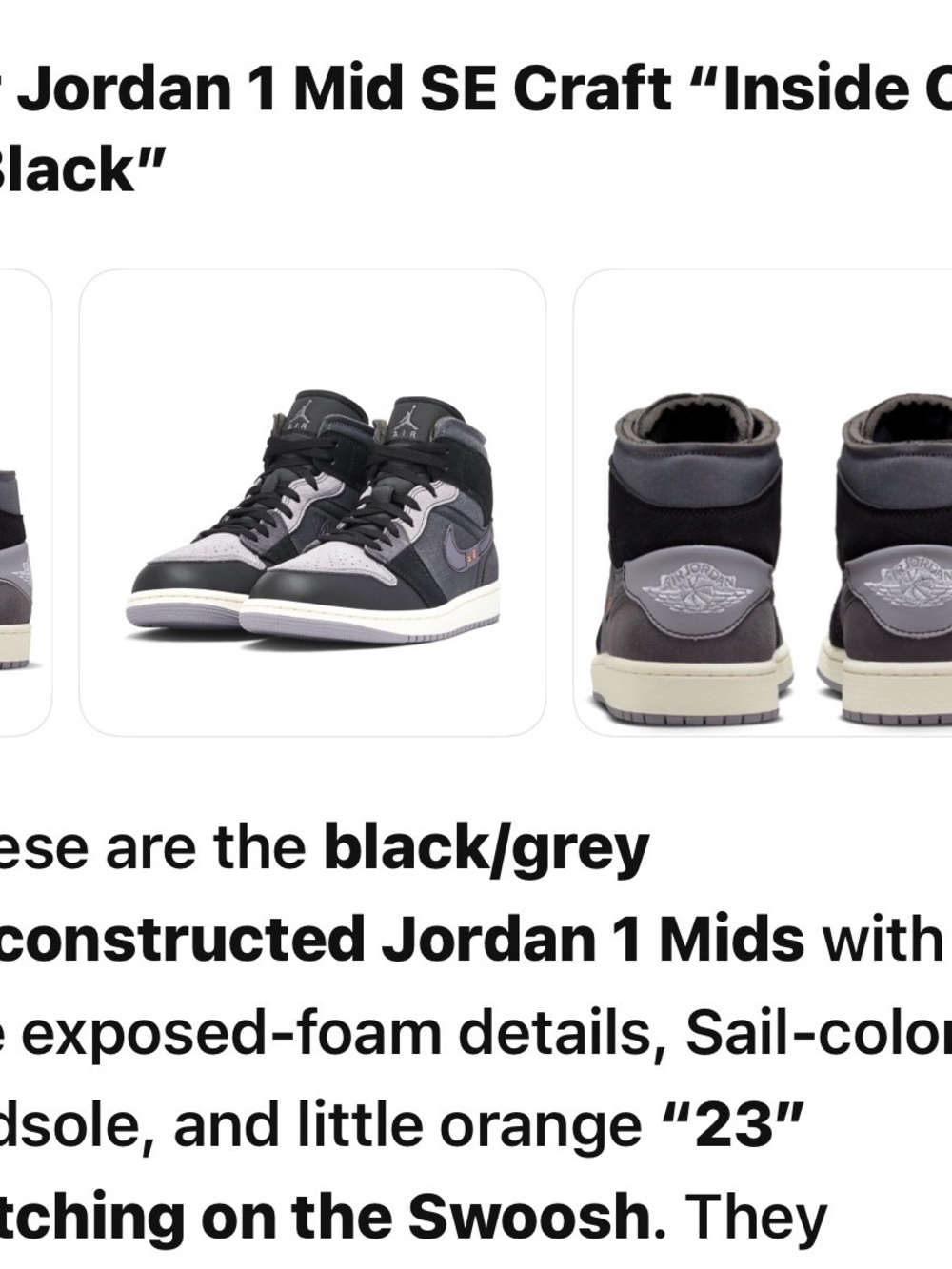 Jordan 1 Mid SE Craft Men’s Black/Grey Sneakers with Sail Midsole